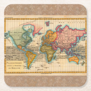 World Map 1700s Antique Continents Square Paper Coaster