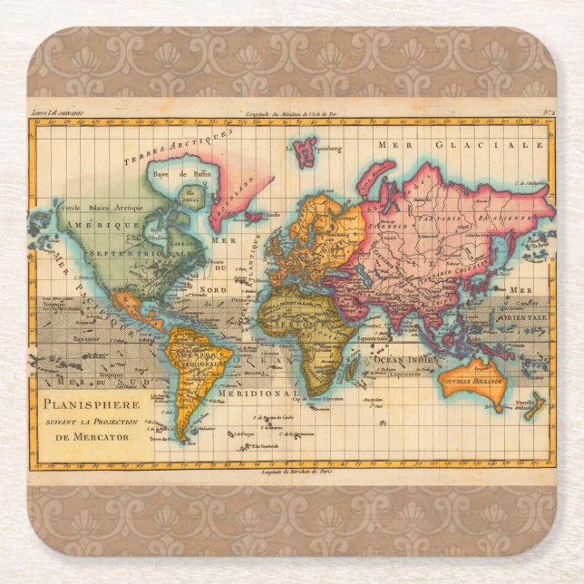 World Map 1700s Antique Continents  Square Paper Coaster (Front)