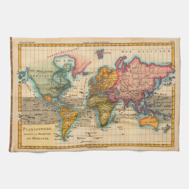 World Map 1700s Antique Continents  Tea Towel (Horizontal)