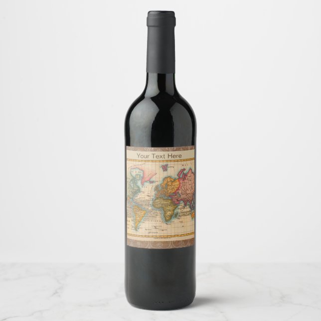 World Map 1700s Antique Continents  Wine Label (Front)