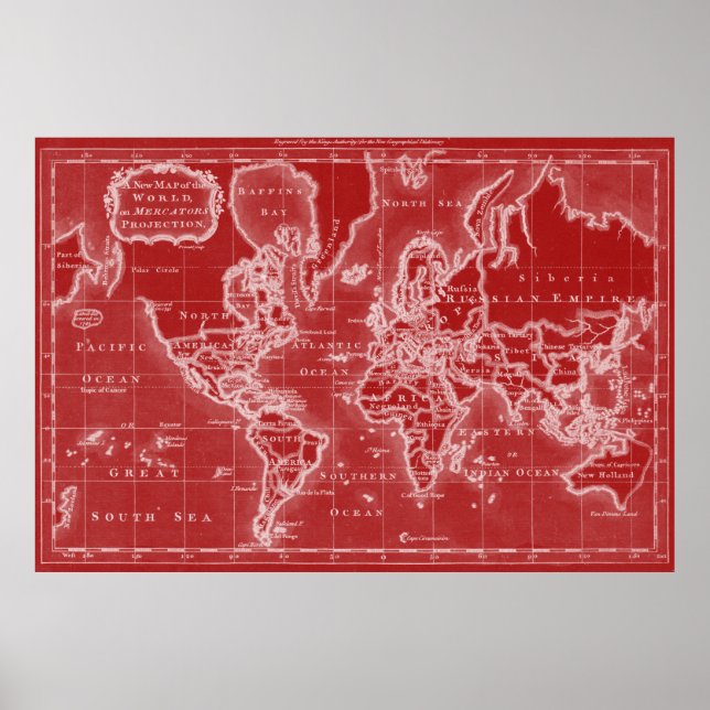 World Map (1766) Red & White Poster (Front)
