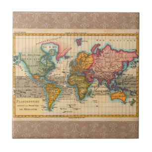 World Map 1780 Bonne Antique Planisphere Ceramic Tile