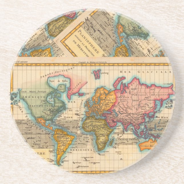 World Map 1780 Bonne Antique Planisphere  Coaster (Front)