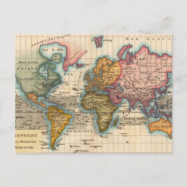 World Map 1780 Bonne Antique Planisphere  Postcard (Front)