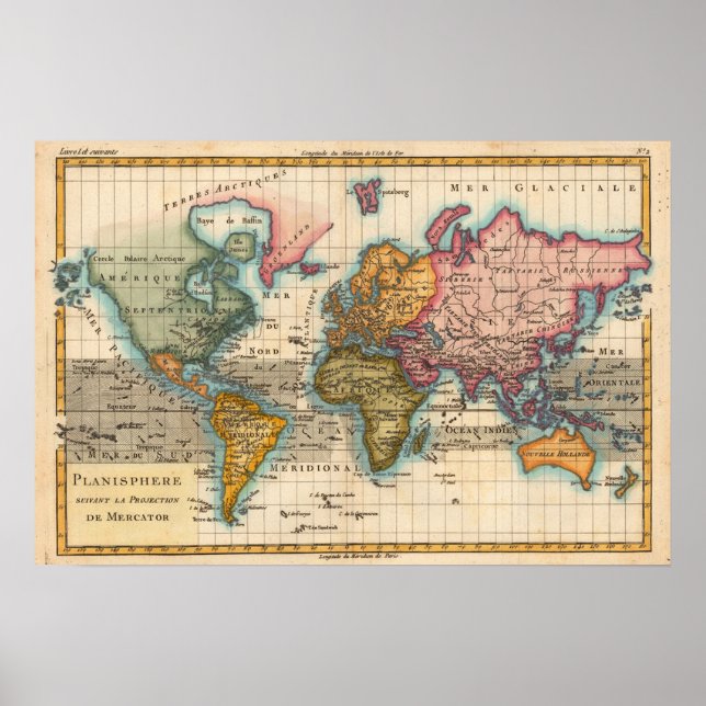 World Map 1780 Bonne Antique Planisphere  Poster (Front)