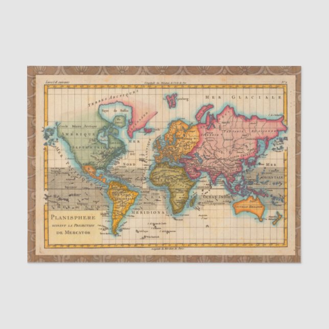 World Map 1780 Bonne Antique Planisphere  Tissue Paper (Front)