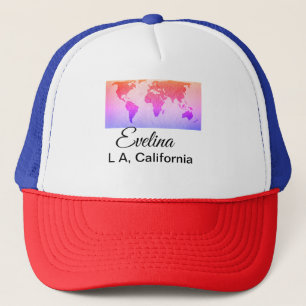 World map add name text place country city text mi trucker hat