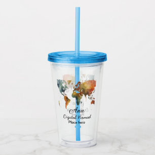 World map add your name text place city phone acrylic tumbler