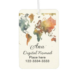 World map add your name text place city phone car air freshener