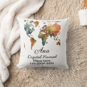 World map add your name text place city phone cushion