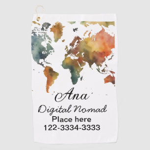 World map add your name text place city phone golf towel