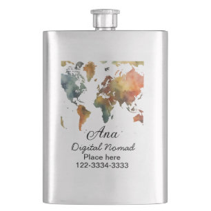 World map add your name text place city phone hip flask