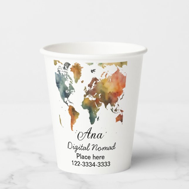 World map add your name text place city phone paper cups (Front)