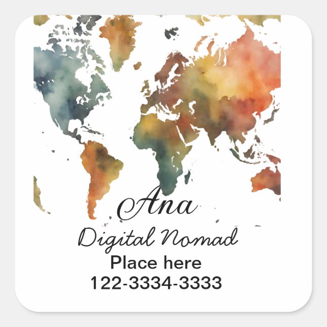 World map add your name text place city phone square sticker (Front)