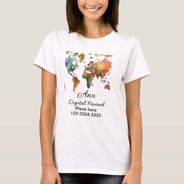 World map add your name text place city phone T-Shirt (Front)