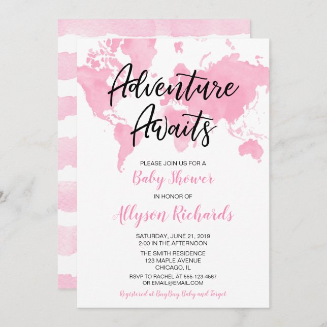 World map adventure awaits girl baby shower pink invitation (Front/Back)