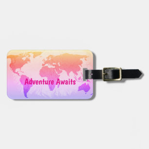 World Map Adventure Awaits Script Pink Gift Favour Luggage Tag