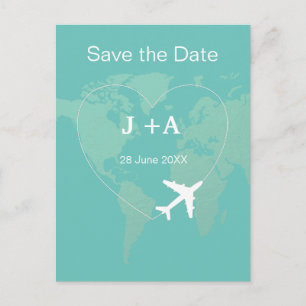 World map aeroplane save the date postcard