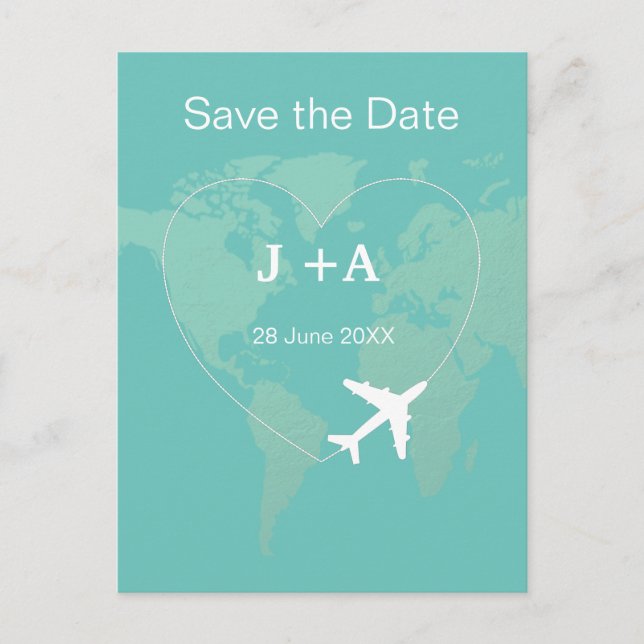 World map aeroplane save the date postcard (Front)