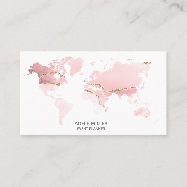 World Map Agate Pink event Planner Travel Blogger Business Card (Front)