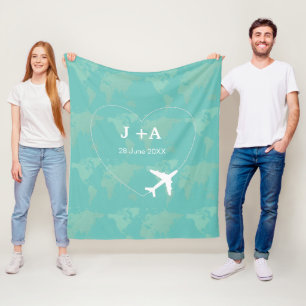World map airplane heart couple fleece blanket