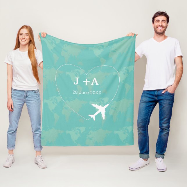 World map airplane heart couple fleece blanket (In Situ)