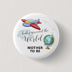 World Map Airplane Mother To Be Baby Shower 3 Cm Round Badge