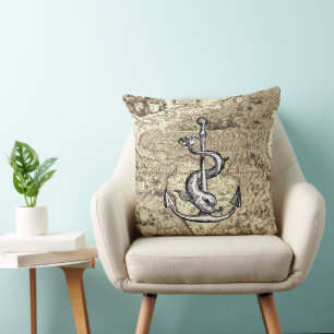 World Map Anchor and Dolphin Cushion
