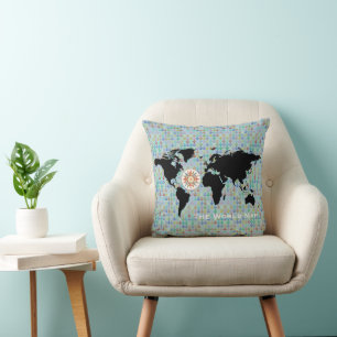 World Map, anchors and compass-rose Cushion