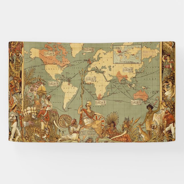 World Map Antique 1886 Illustrated Banner (Horizontal)