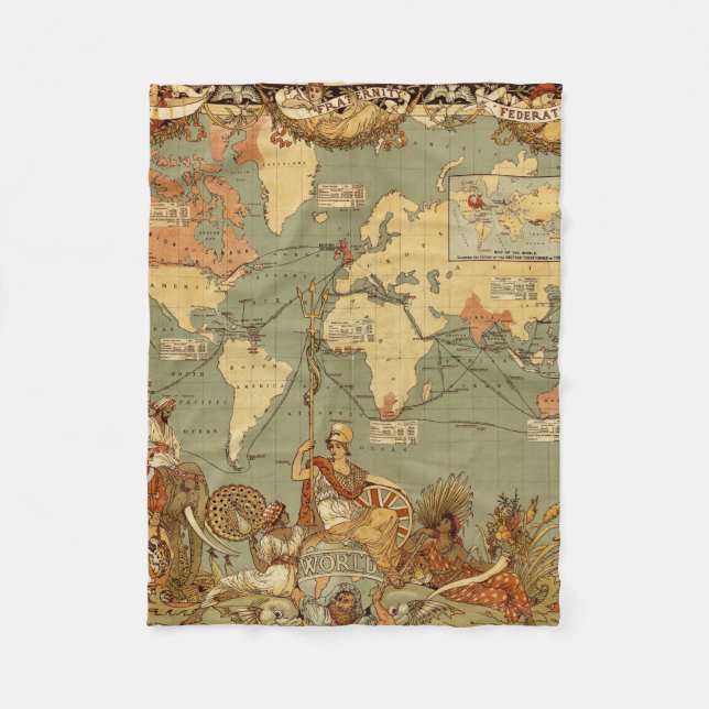 World Map Antique 1886 Illustrated Fleece Blanket (Front)