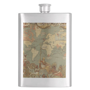 World Map Antique 1886 Illustrated Hip Flask