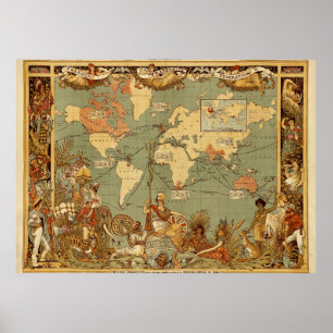 World Map Antique 1886 Illustrated Poster