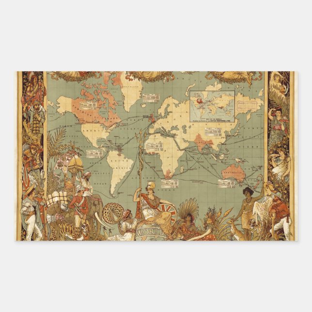World Map Antique 1886 Illustrated Rectangular Sticker (Front)
