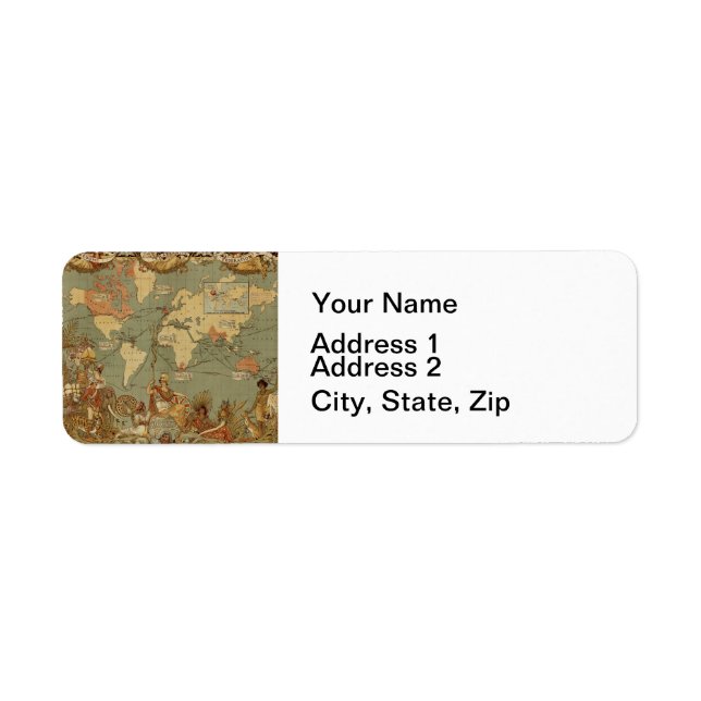 World Map Antique 1886 Illustrated Return Address Label (Front)