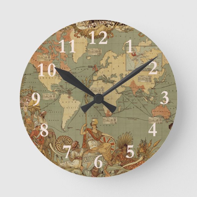 World Map Antique 1886 Illustrated Round Clock (Front)