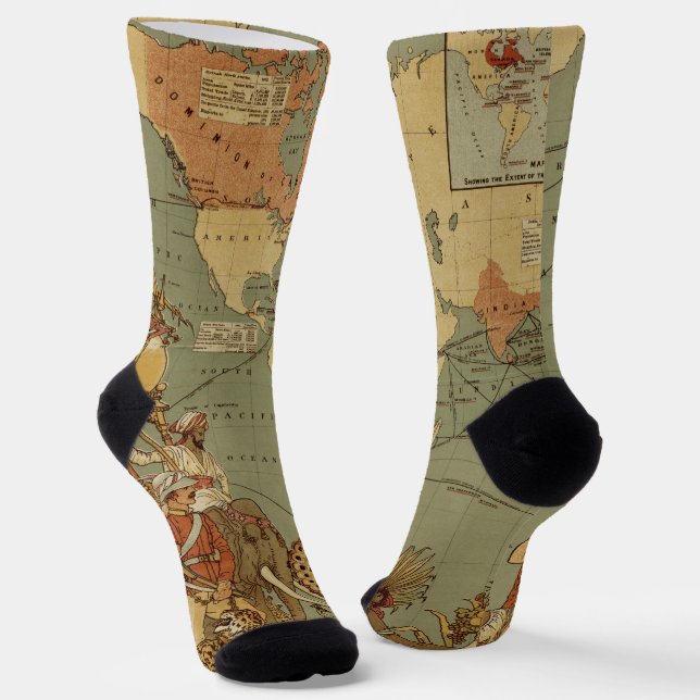 World Map Antique 1886 Illustrated Socks (Angled)