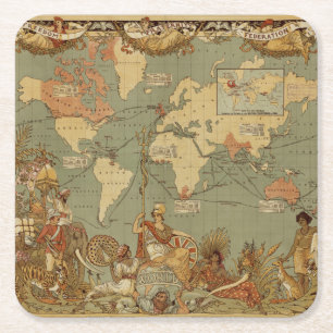 World Map Antique 1886 Illustrated Square Paper Coaster