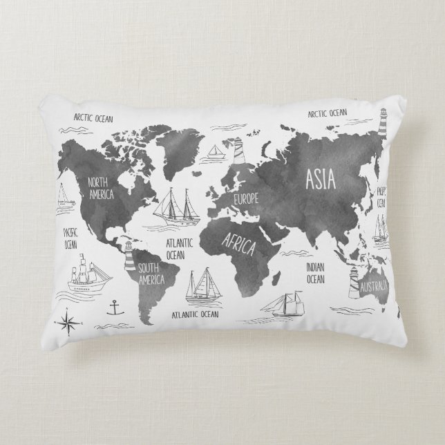 World Map Art Black White Nautical Decorative Cushion (Front)