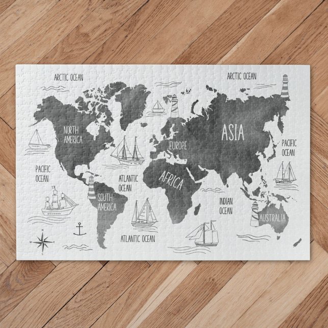 World Map Art Black White Nautical Jigsaw Puzzle (Close up)