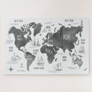 World Map Art Black White Nautical Jigsaw Puzzle