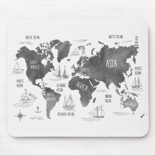 World Map Art Black White Nautical Mouse Pad