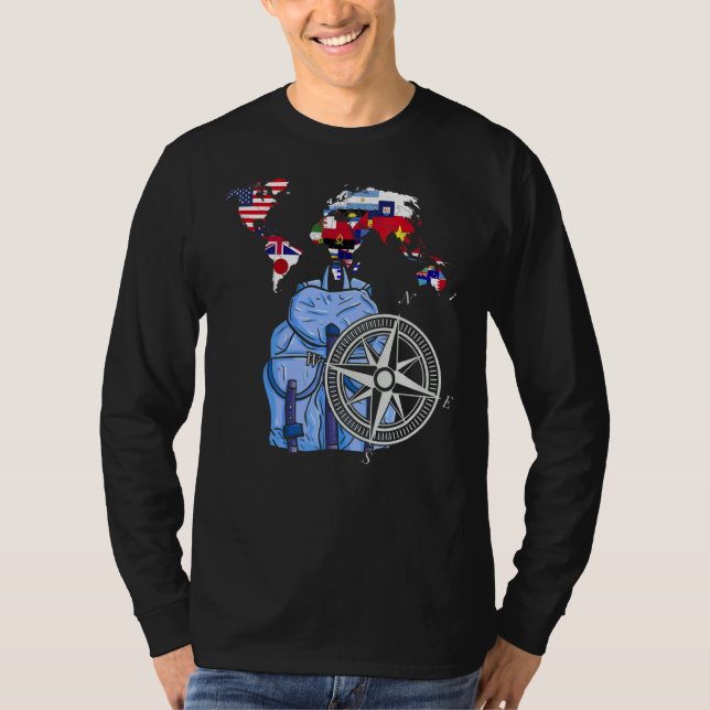 World Map Backpack Compass Travelling World Flags T-Shirt (Front)