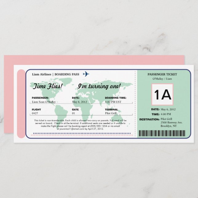 World Map Birthday Boarding Pass Ticket Invitation (Front/Back)