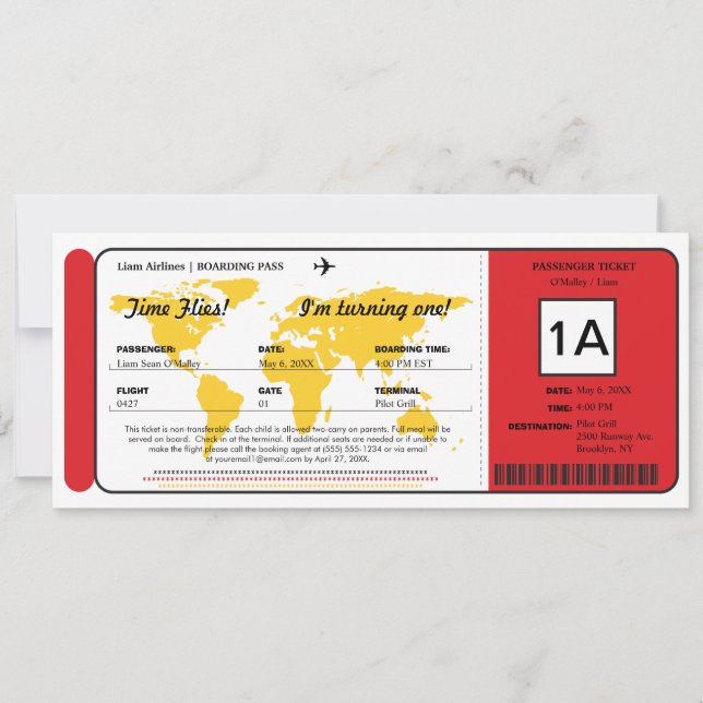 World Map Birthday Boarding Pass Ticket Invitation (Front)