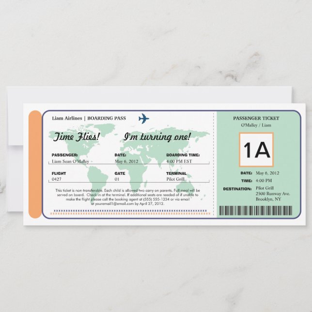 World Map Birthday Boarding Pass Ticket Invitation (Front)