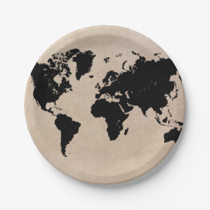 world map black paper plate