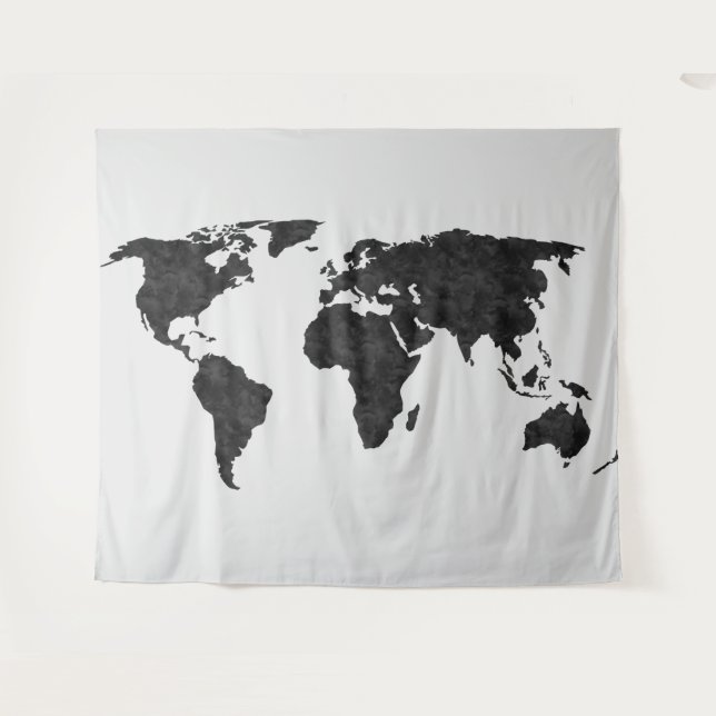  World Map Black Watercolor on Grey Tapestry (Front (Horizontal))