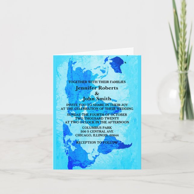 World Map Blue Abstract Bright Colourful Wedding  Invitation (Front)