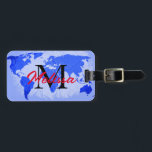 World Map Blue Monograms Traveller Custom Name Luggage Tag<br><div class="desc">Monogrammed initial and also personal details like name,  address,  phone number and email all of which you can edit in blue world map background. Designed with simple,  elegant and trendy colours!</div>